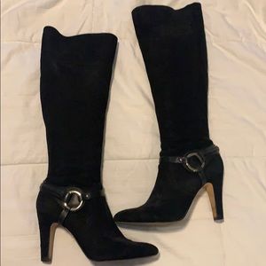 Black suede knee high heeled boots